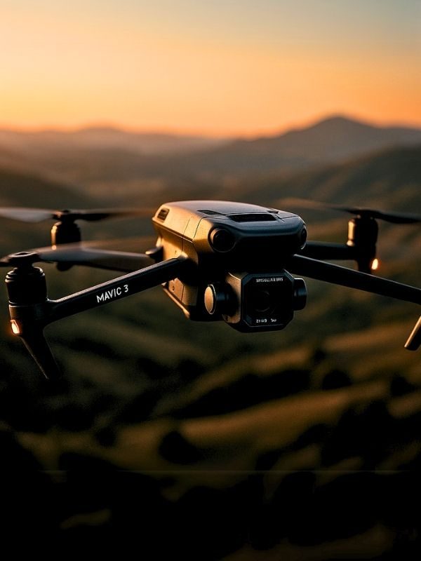 Dron DJI Mavic 3 volando sobre paisaje al atardecer en grabación profesional